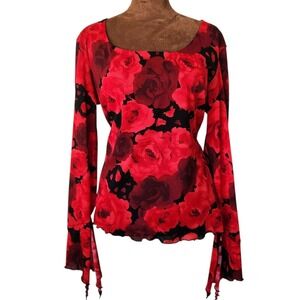 Vintage Fashion Bug Top Y2K Flare Sleeve Mesh Lined Red Black Floral Whimsy M